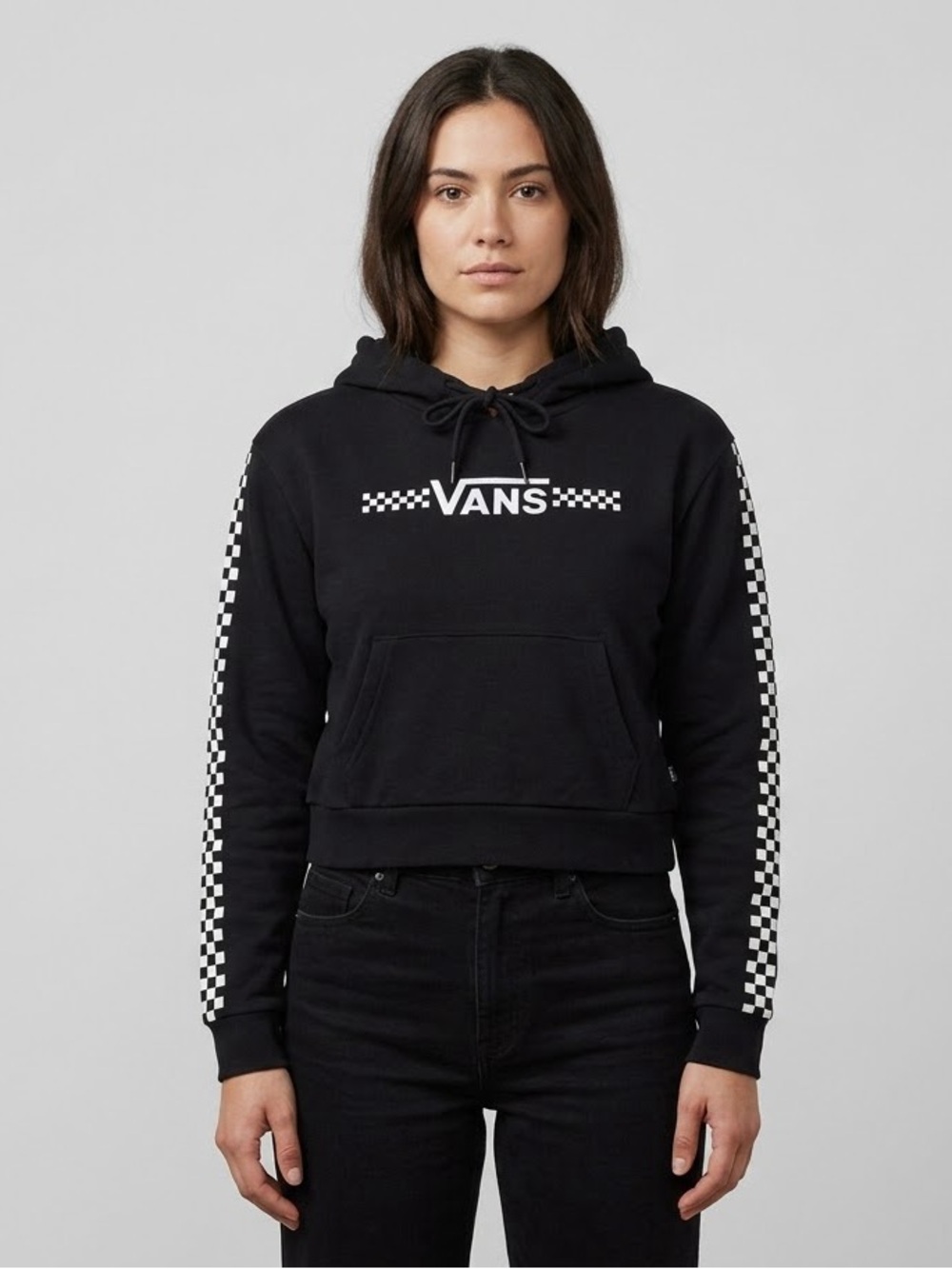 Vans Black Hoodie with White Checkerboard Sleeves